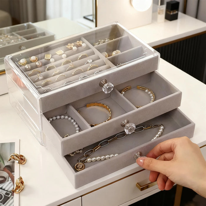 3-Layer Drawer Jewellery Box — Beige or Grey, Plastic Organiser