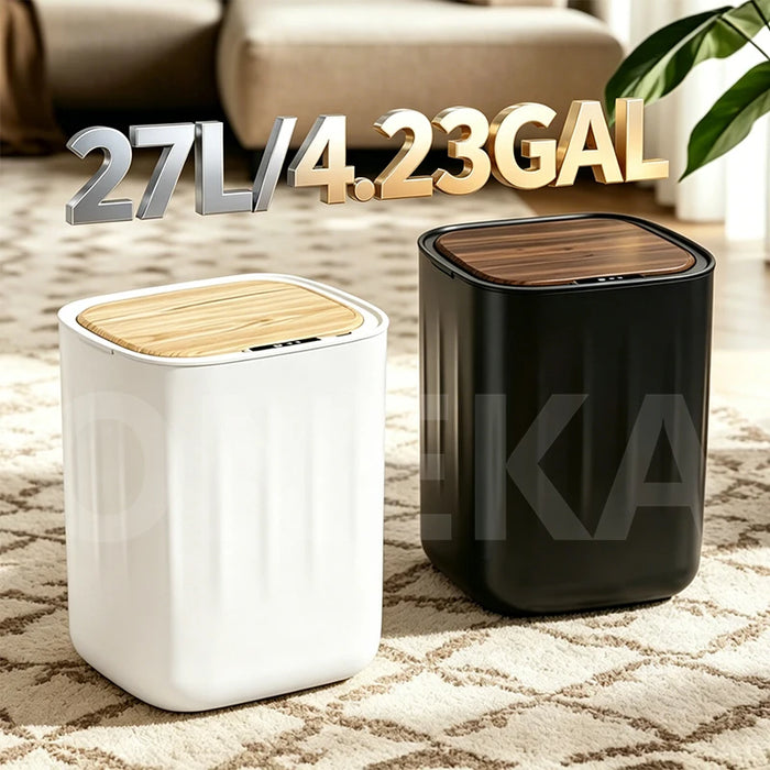 27L Sensor Bin with Built-in Bag Ring — Wood-Grain ABS