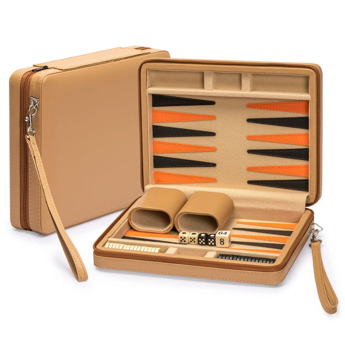 Travel Chess & Backgammon Set with Acrylic Pieces in Leather Case, 25 x 19 x 6 cm