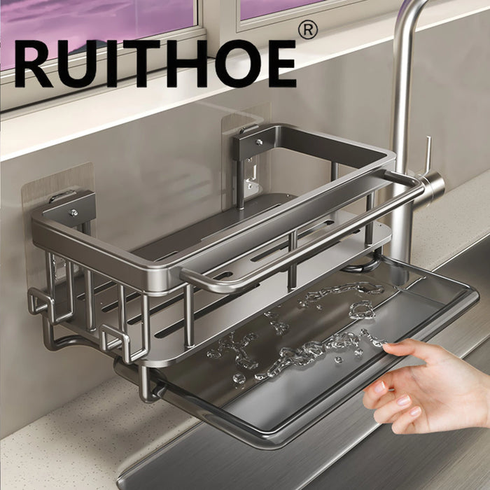 Aluminium Kitchen Sink Drain Rack with Tray — Soap, Sponge & Dishcloth Holder