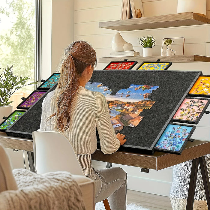 Jigsaw Puzzle Sorting Table with 6 Drawers & Felt Surface — Fits 1000pcs, Includes Display Lid & Stand