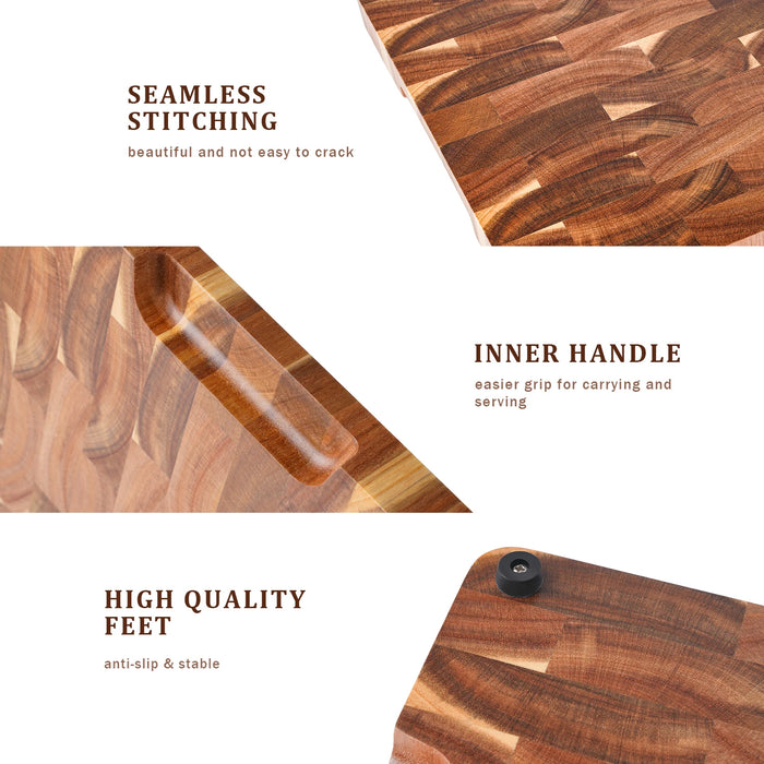 15-inch End Grain Acacia Rectangular Chopping Board with Side Handle (390×275×25mm)