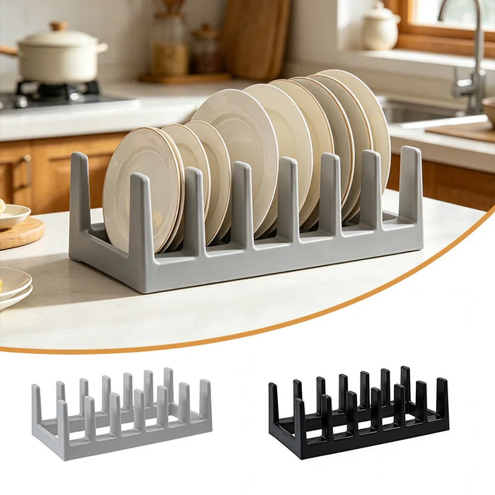 6-Compartment Pot Lid Organiser – Space-Saving Plastic Kitchen Rack (Grey/Black)