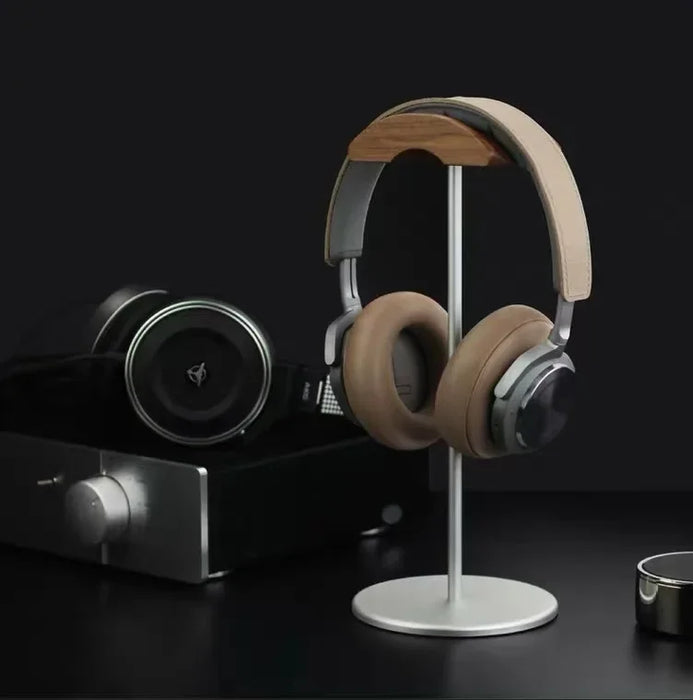 Black Walnut Wood and Aluminium Headphone Stand — Solid Metal Base Desk Headset Holder