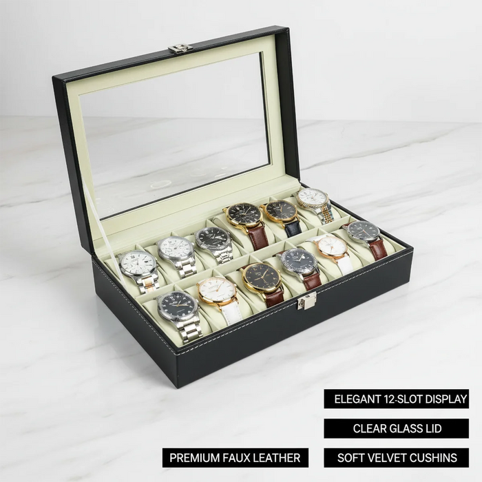 12-Slot Watch Box — Grey PU Leather with Clear Window & Velvet Lining