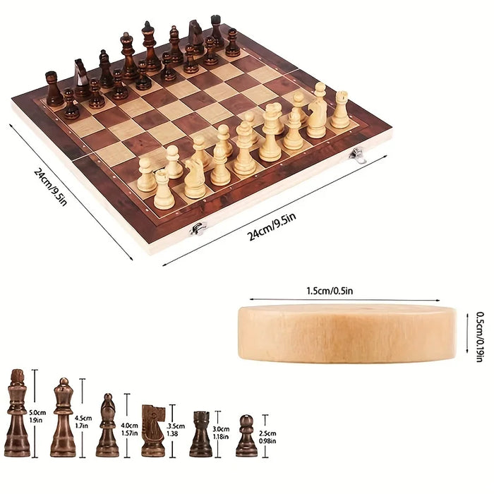 3-in-1 Folding Wooden Chess Board – Portable Chess, Checkers & Backgammon (24cm)