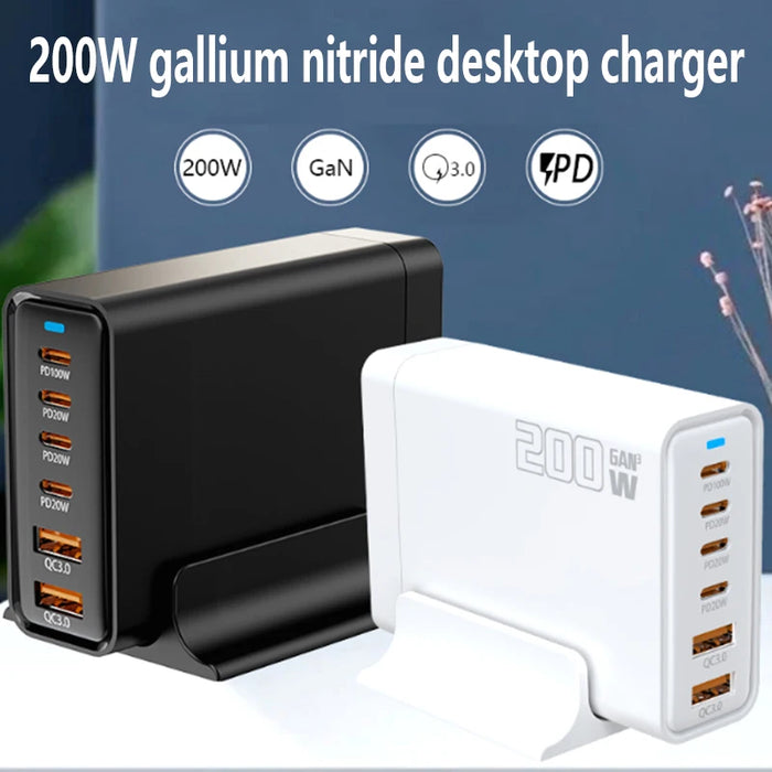 200W GaN 5‑Port USB‑C Fast Charger — Desktop Hub for MacBook Pro/Air & iPad Pro