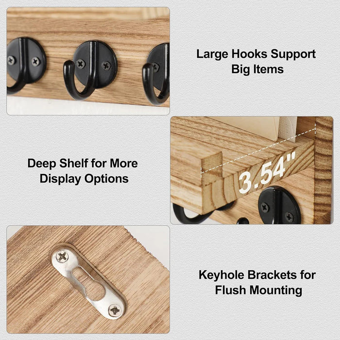 Wooden Wall-Mounted Key Holder with Mail Organiser | 5 Hooks (Dark Khaki/Black)