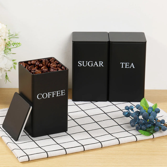 3‑Piece Coffee, Tea & Sugar Canister Set — Metal Jars with Bamboo or Iron Airtight Lids