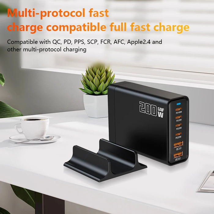 200W GaN 5‑Port USB‑C Fast Charger — Desktop Hub for MacBook Pro/Air & iPad Pro
