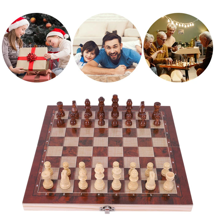 29 x 29 cm Foldable 3‑in‑1 Wooden Chess Set — Chess, Checkers & Backgammon, Non‑toxic