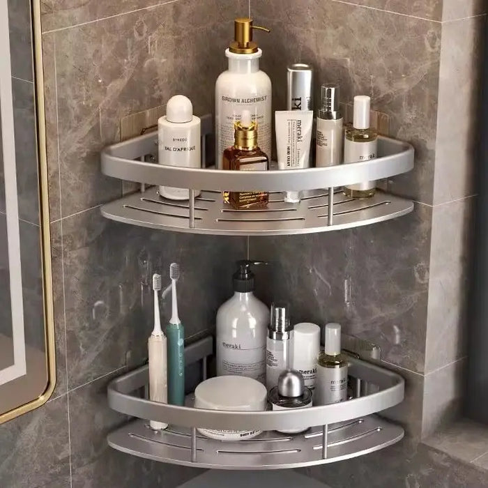 Aluminium Corner Bathroom Shelf – Adhesive Triangle Shampoo Holder (Silver, 2pcs)