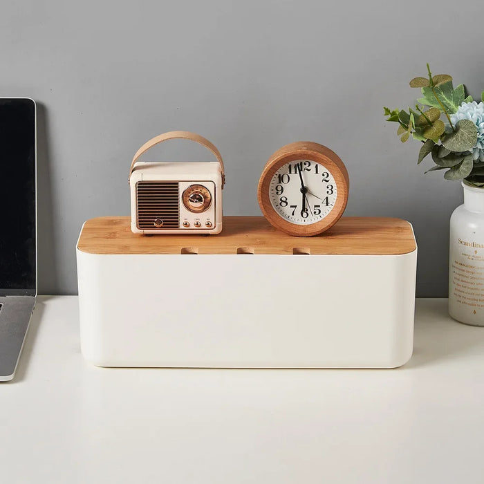 Cable Management Box with Bamboo Cover — Hide Power Strips & Desk Wires