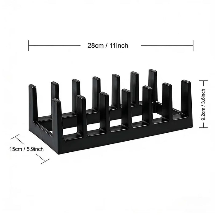 6-Compartment Pot Lid Organiser – Space-Saving Plastic Kitchen Rack (Grey/Black)