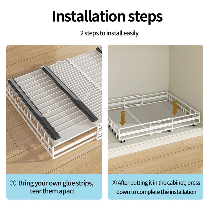 Retractable Pull-Out Metal Drawer Rack — Punch-Free Under-Sink Storage (Small/Large, White/Black)