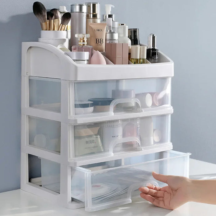 Transparent Cosmetic & Jewellery Organiser — 3 Drawer, 4-Layer Plastic Storage