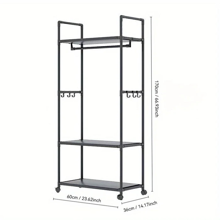 Clothing Storage Rack with Wheels, Hooks & Shelves — Freestanding Metal Organiser