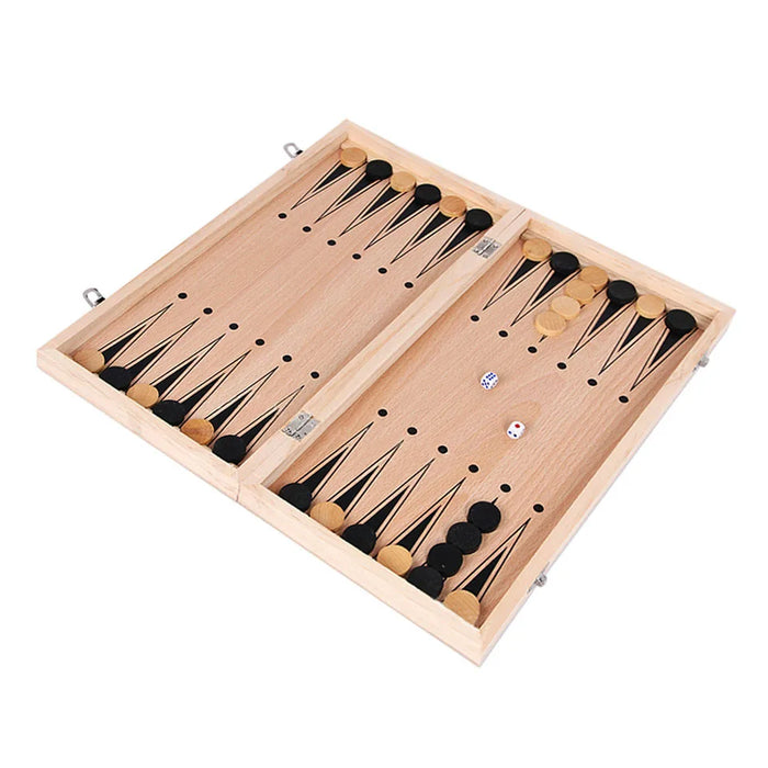 3-in-1 Folding Wooden Chess Board – Portable Chess, Checkers & Backgammon (24cm)