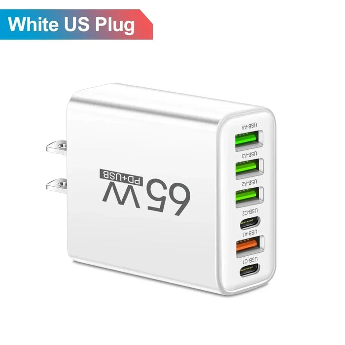 65W 6-Port USB PD Charger – 2x USB‑C PD + 4x USB Fast Wall Charger (EU/US)