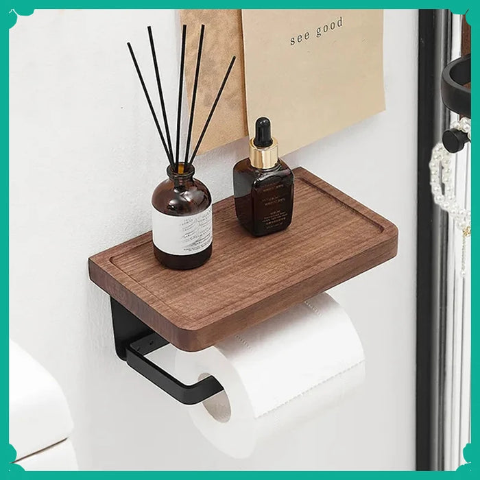 Wooden Toilet Roll Holder with Shelf — Wall-mounted, Rustproof Matt Black