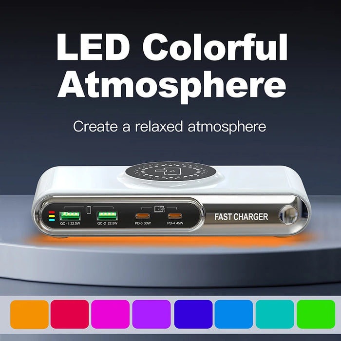 5-in-1 USB-C Charger Station 72W — 4-Port + Magnetic Wireless (PD45W) with LED colour nightlight F9A