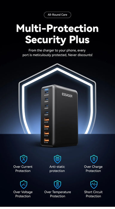 320W GaN 8‑Port Desktop Charger — 4×USB‑C & 4×USB‑A, 100W PD