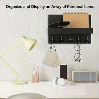 Wooden Wall-Mounted Key Holder with Mail Organiser | 5 Hooks (Dark Khaki/Black)
