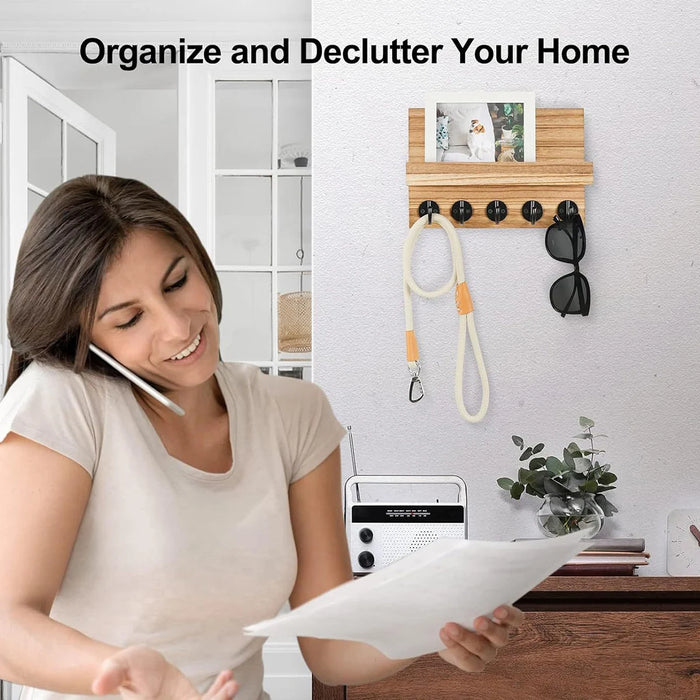 Wooden Wall-Mounted Key Holder with Mail Organiser | 5 Hooks (Dark Khaki/Black)