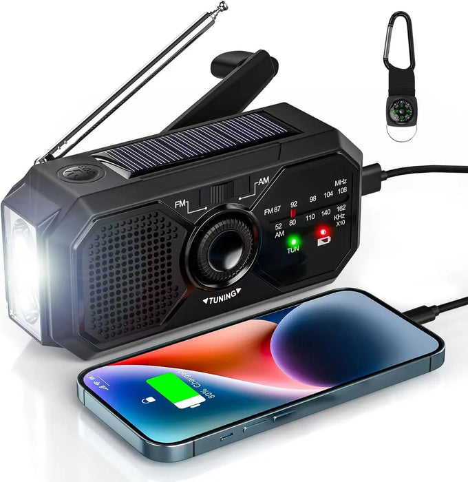 Portable Solar Emergency AM/FM Radio with Hand Crank, USB-C Charger and Torch