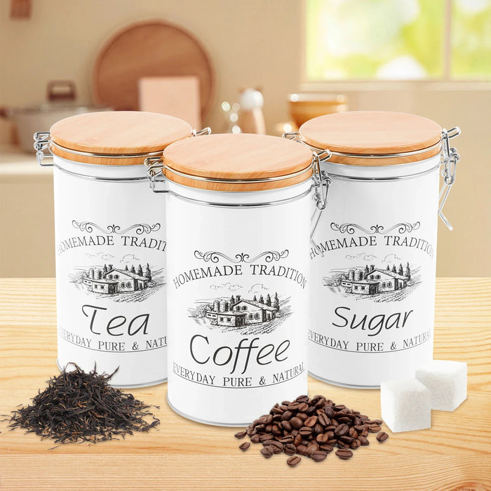 3‑Piece Metal Tea, Coffee & Sugar Canister Set with Bamboo Lids