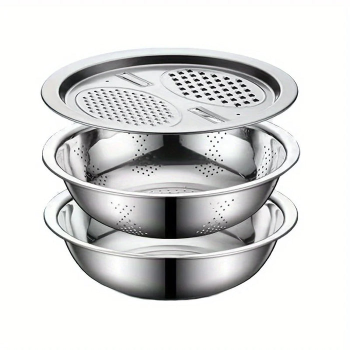 3-Piece Stainless Steel Mixing Bowl Set — Grater, Strainer & Drain for Food Prep