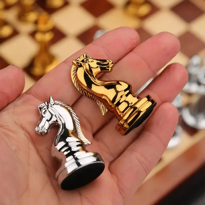 Deluxe 30cm Folding Wooden Checkers & Chess Set with Zinc Alloy Pieces
