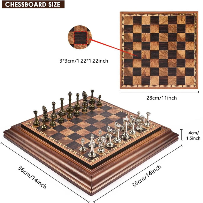 High‑end desktop 36cm (14in) wooden chess set with detachable metal pieces — king 6.3cm, gift box