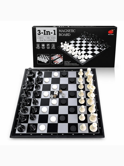 3-in-1 Folding Chess, Checkers & Backgammon Set — Portable Travel Board (4 Sizes)