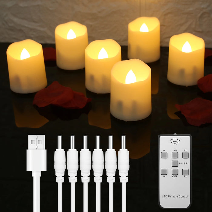 USB Rechargeable Flameless Tea Lights with Remote & Timer – 6 Pack Warm White