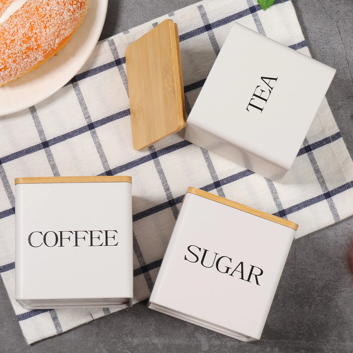 3‑Piece Coffee, Tea & Sugar Canister Set — Metal Jars with Bamboo or Iron Airtight Lids