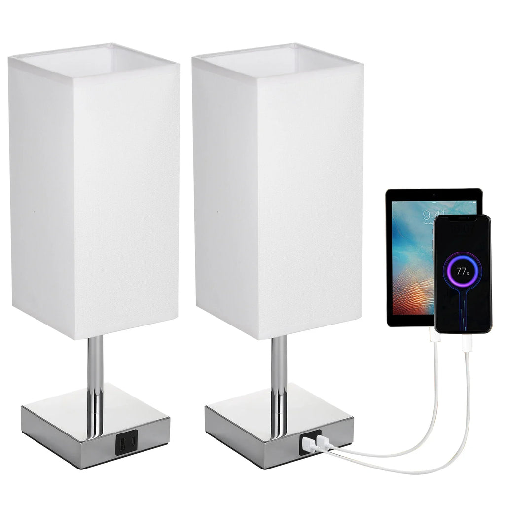 Sängbordslampa med tygskärm - varmvit LED-lampa, touchkontroll, skrivbordslampa, USB A- och Type-C-laddningsportar - idealisk för nattduksbord, arbetsbord och studieplatser