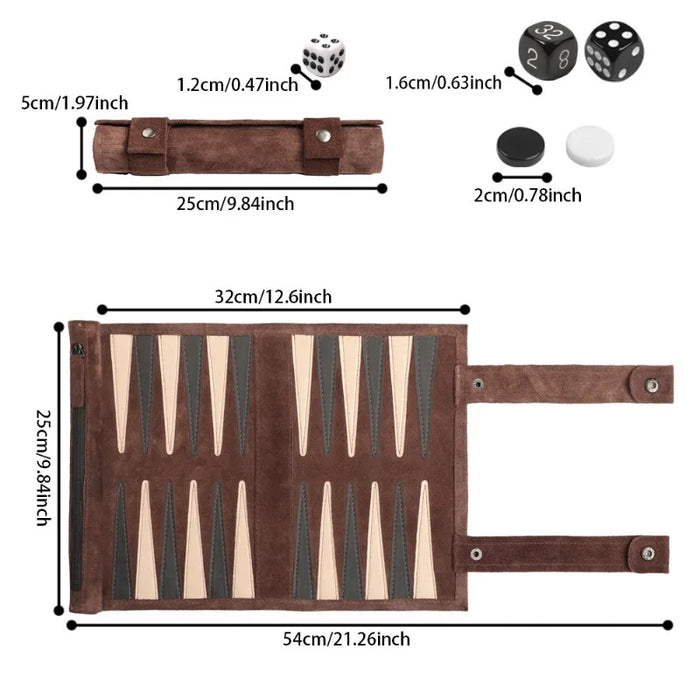 Portable Foldable Backgammon Travel Set — PU Leather Roll-Up Board with Pieces & Dice