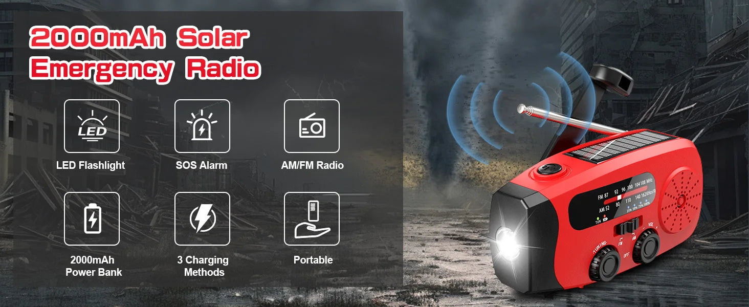 2000mAh Rechargeable Hand‑Crank Emergency Radio with LED SOS and USB Charger