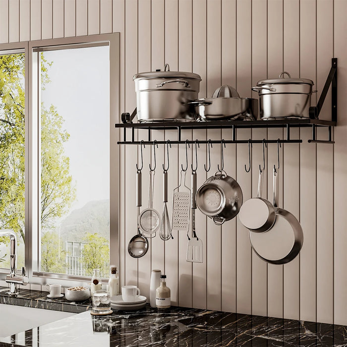 60cm Wall-Mounted Kitchen Organiser Rack with 10 Hooks – Black