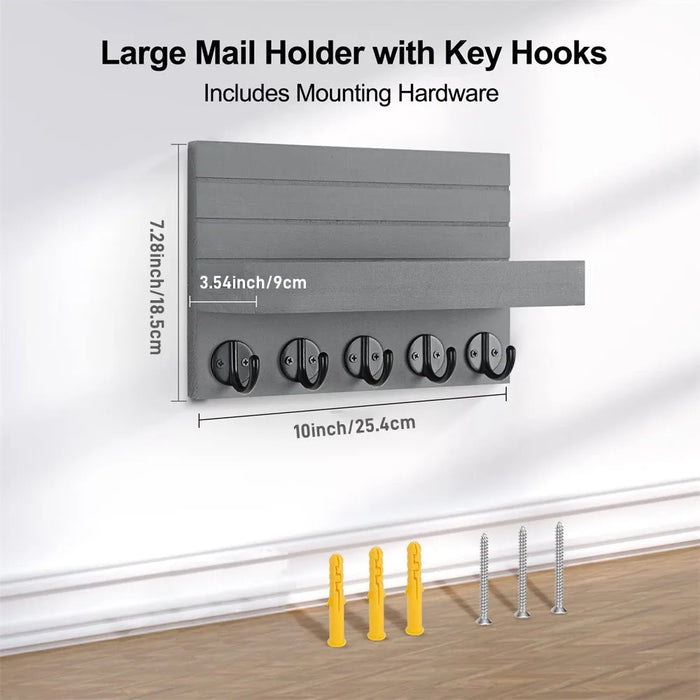Wall-mounted Key and Mail Shelf with 5 Hooks - Wooden Entryway Rack