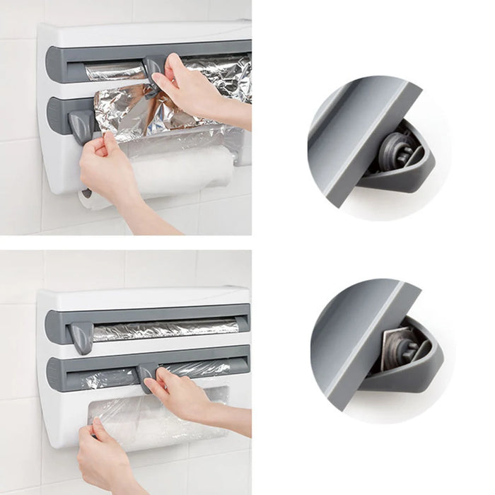 Wall-Mounted Wrap Dispenser with Cutter — Grey ABS, 39 x 24 x 10 cm