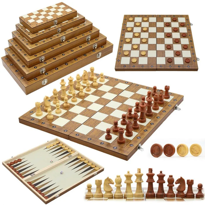 3‑in‑1 Foldable Wooden Travel Board — Chess, Checkers & Backgammon