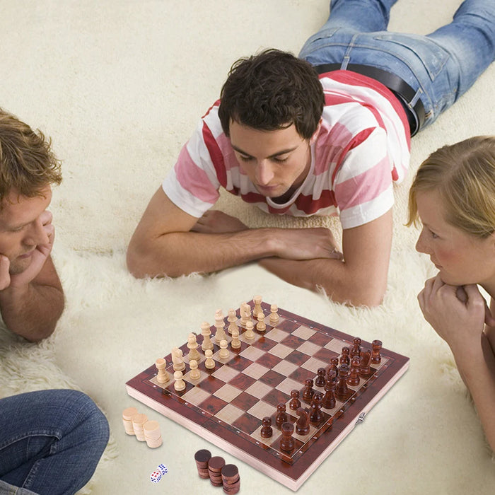 3-in-1 Wooden Chess, Checkers & Backgammon Set — Foldable 29 x 29cm Board