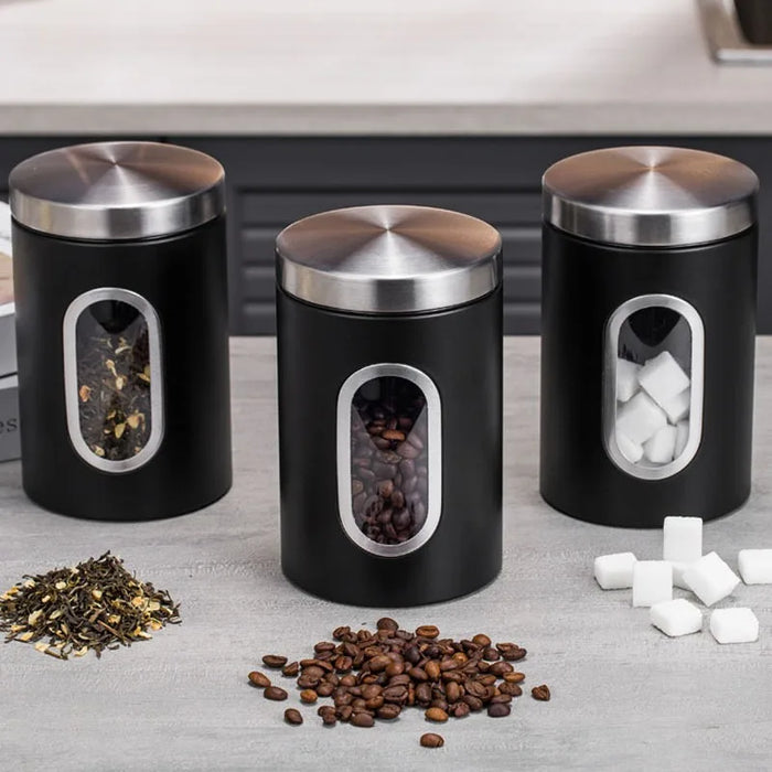 3‑Pack Stainless Steel Food Storage Jars with Viewing Window — Kitchen Sealed Jars