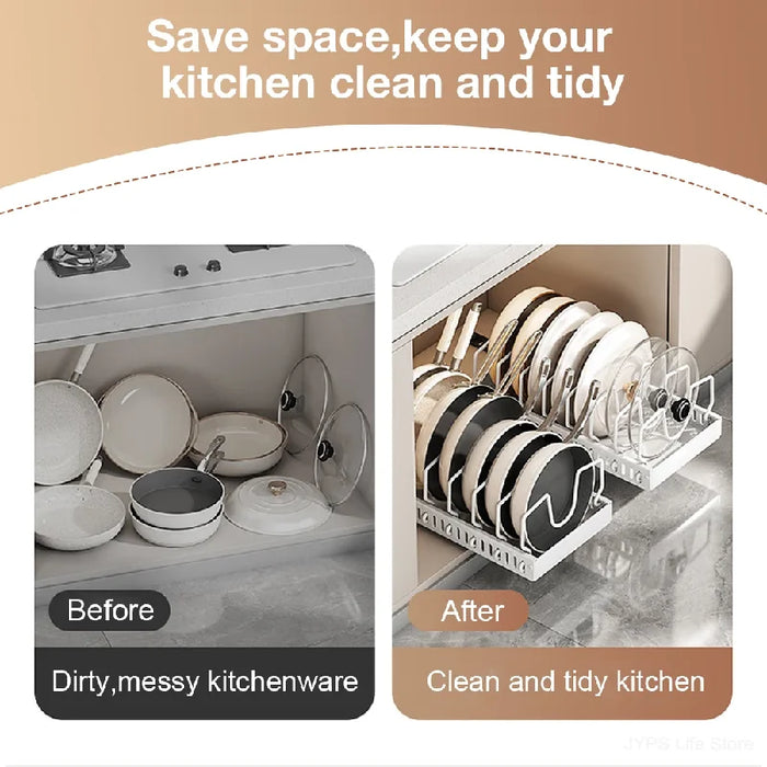 Under-Cabinet Pull-Out Pots & Pans Organiser — Sliding Tray with 8 Adjustable Dividers