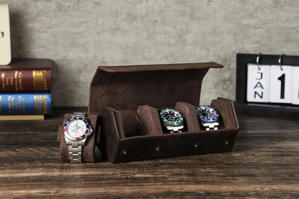 Vintage Genuine Leather Watch Roll Travel Case — 1/2/3/4/6/8 Slot Organiser