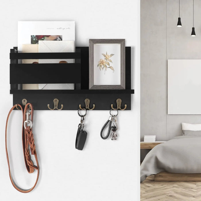 Wooden Wall-Mounted Key and Mail Holder — Rustic Letter Sorter with 4 Hooks