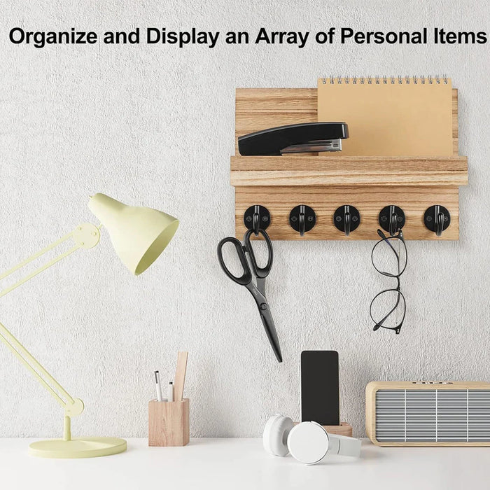 Wooden Wall-Mounted Key Holder with Mail Organiser | 5 Hooks (Dark Khaki/Black)