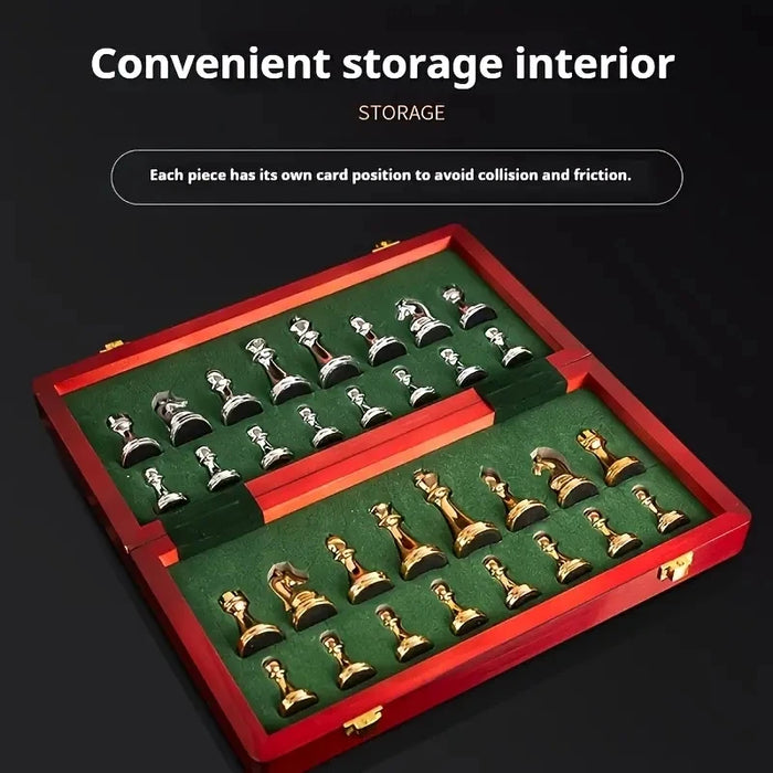 Deluxe 30cm Folding Wooden Checkerboard Set with Weighted Zinc Alloy Pieces